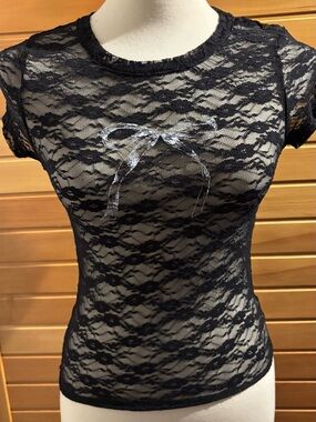 NWT by Full Tilt Black Sheer Lace Short-Sleeve Tee with Silver Bow Detail